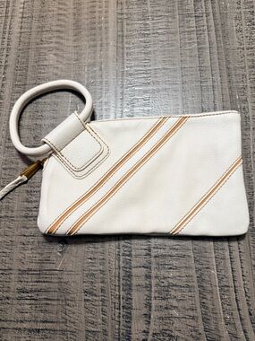 HOBO White and Tan Leather Wristlet with Diagonal Stripe Detail